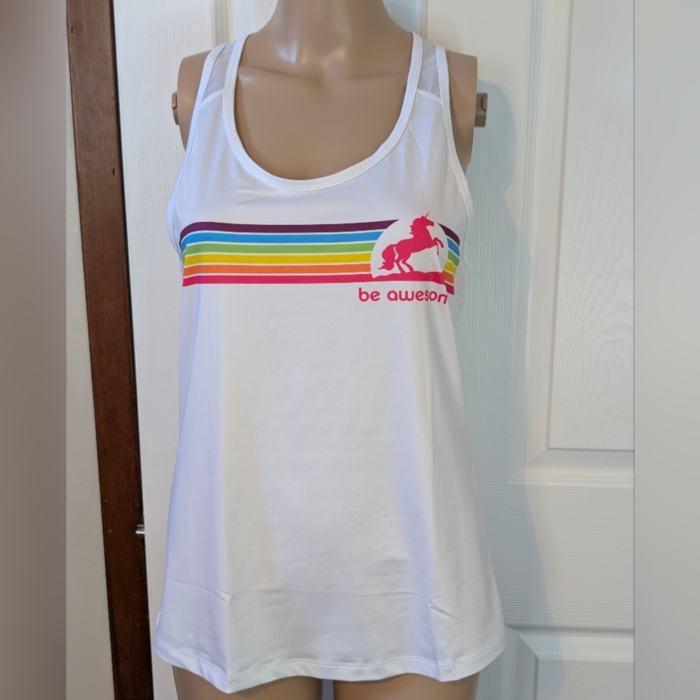 Be Awesome White Tank Top with Rainbow Stripes